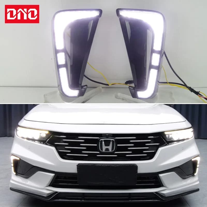 12V LED daylights for car Honda Accord 2025 with yellow direction indicators and night blue position lights, car headlights