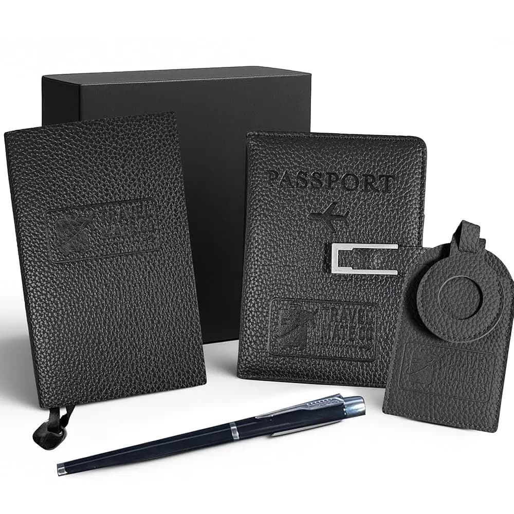 Set di portafogli da viaggio con protezione RFID per passaporto: etichetta per bagagli, penna e taccuino, kit di accessori da 4 pezzi; sottile, compatto, leggero
