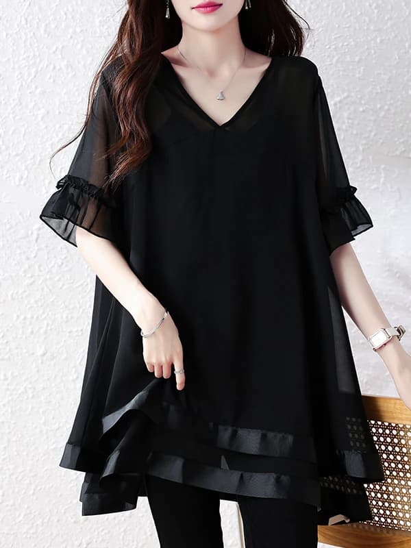 Summer 2026 Retro Style Loose Fit V-Neck Half Sleeve T-Shirt Fashionable Vintage Design Versatile Mid-Length Top for Women