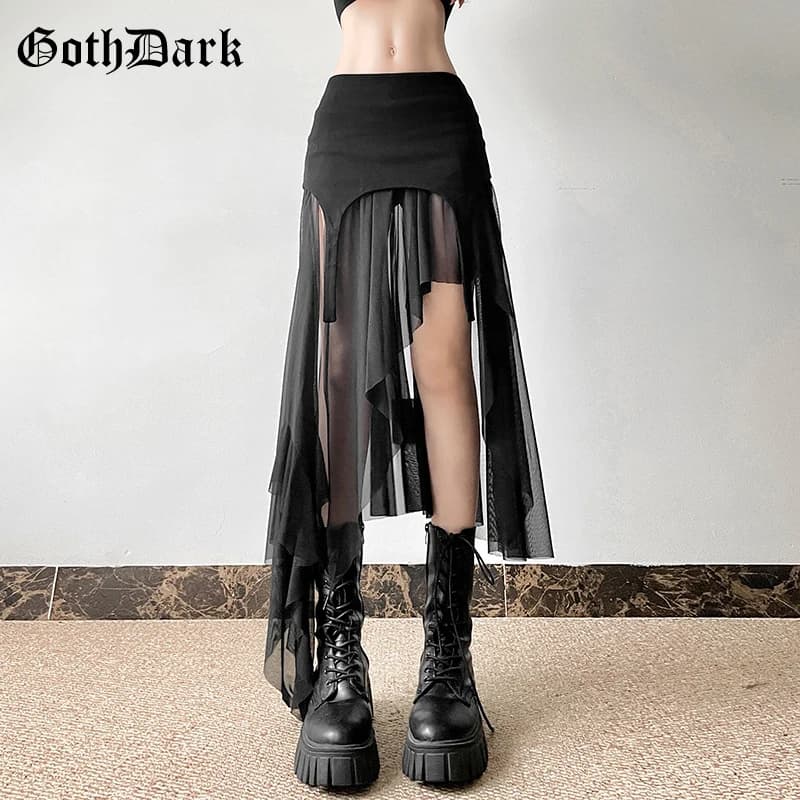 Goth Dark Cyber Y2K Orlo irregolare Gonne medie Harajuku Moda Streetwear Maglia Patchwork Club Alt Bottoms Gonna punk per le donne