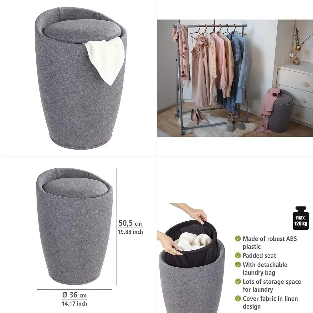 Candy Linen LookBathroom Stool, bin with Removable Laundry Bag, Grey Black, 36 x 36 x 50.5 cm