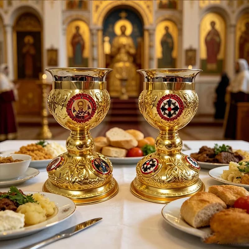 New Gold Plated Orthodox Communion Chalice with Enamel Icon Reliefs for Christian Church Altar Liturgy and Eucharist Service Use
