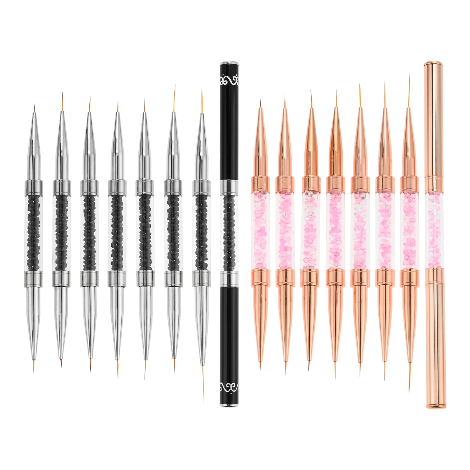 Pennello per unghie con manico in cristallo a doppia testa fodera per disegno a doppio scopo penna per pittura strumenti per Manicure per lucidatura in Gel nero/dorato 5mm-15mm