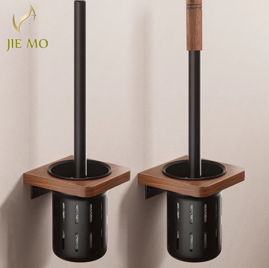 Portascopino WC in legno di noce, da parete, con set di scopini per la pulizia e sistema anti-goccia, per uso domestico in bagno, con asta di prolunga lunga.