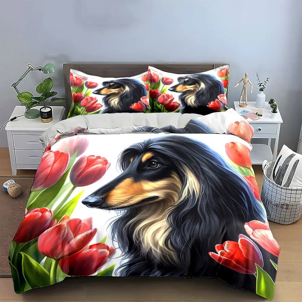 Set di biancheria da letto con decorazioni floreali a tema cani, con 1 copripiumino e 2 federe, singolo, matrimoniale, king, queen, idea regalo