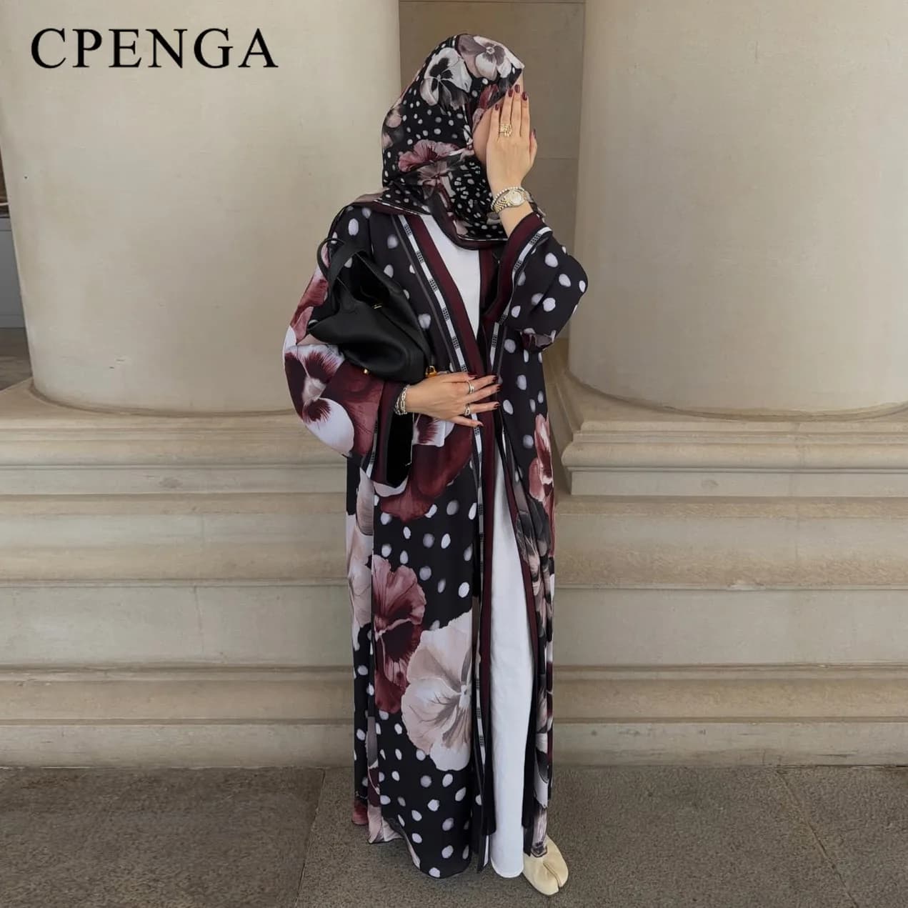 2026 Summer Two Piece Floral Polka Dot Print Hijab Abaya for Muslim Women Ramadan Holiday Outerfit Islamic Turkey Kaftan Robe