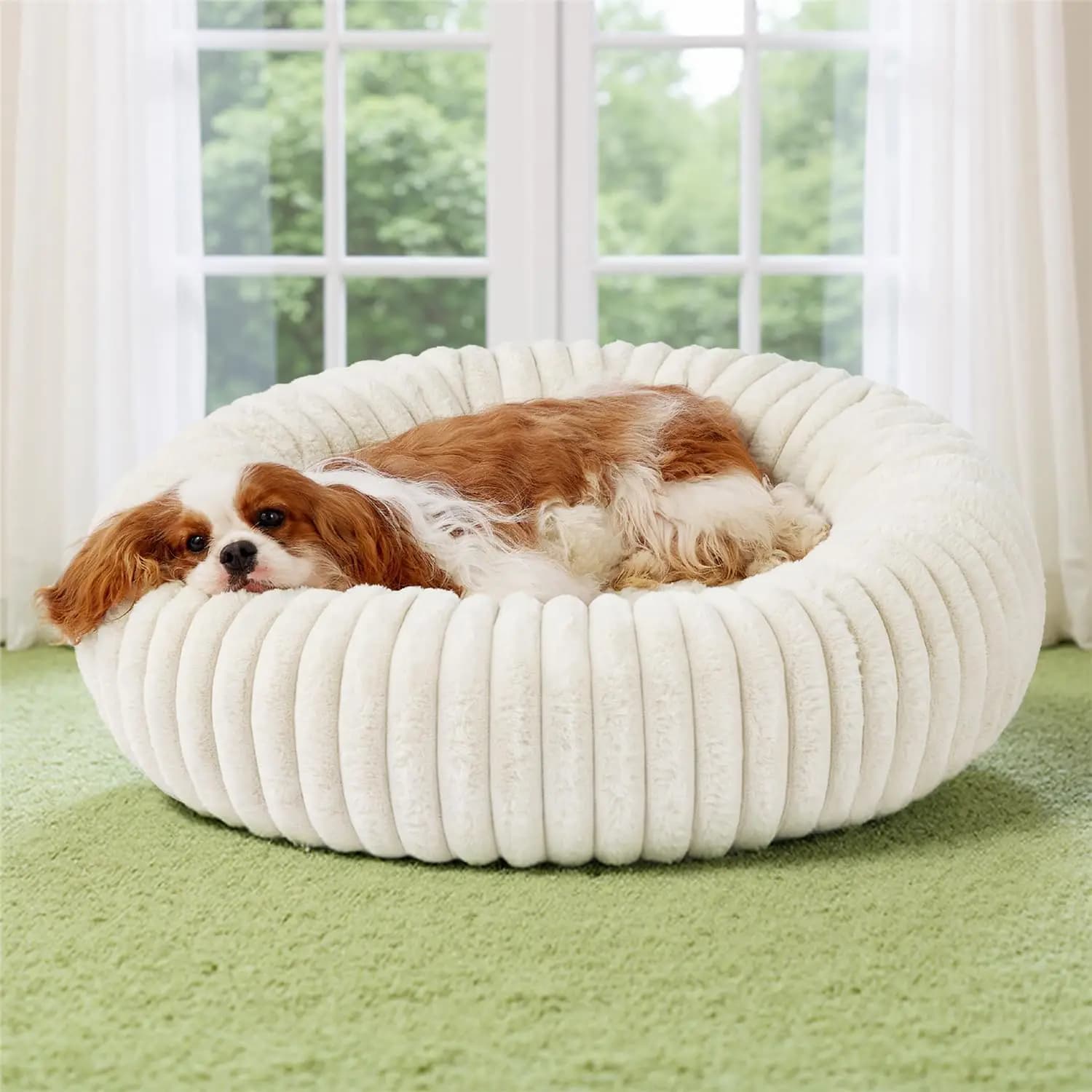 Letto per cani a ciambella medio lavabile con pelliccia sintetica, fondo antiscivolo e copertura rimovibile, crema, 30x30x8 pollici