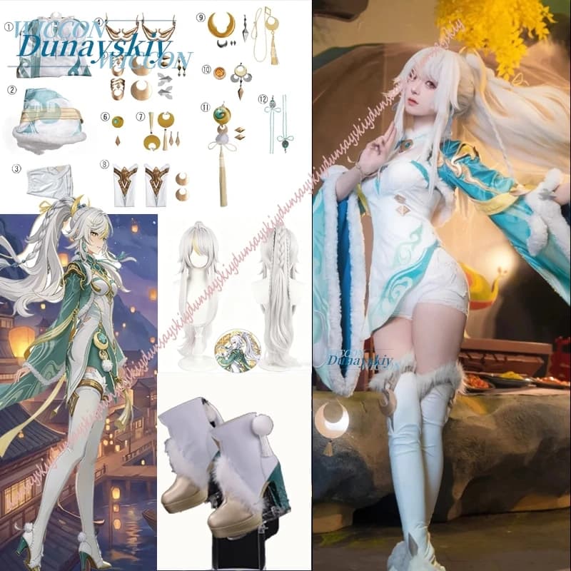 Costume da Cosplay Zibai di Genshin Impact, Set Completo con Parrucca, Scarpe, Accessori, Abito Ricamato, Adatto per Halloween e Feste Femminili