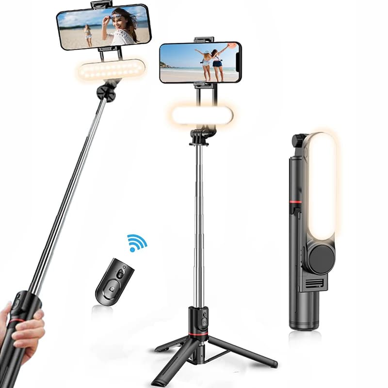 Monopiede Bluetooth pieghevole per selfie senza fili con treppiede per luce di riempimento e otturatore remoto per trasmissione in diretta IPhone Android Huawei