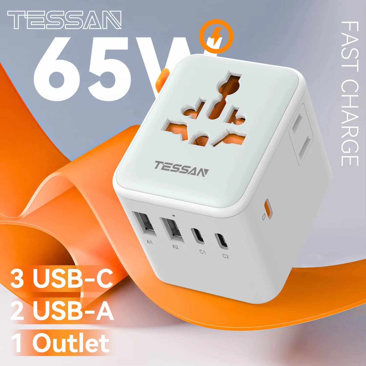 TESSAN Adattatore da viaggio internazionale GaN da 65 W Adattatore universale da 28 W 20 W con 4/5 porte USB Presa portatile per UE/Regno Unito/USA/AUS