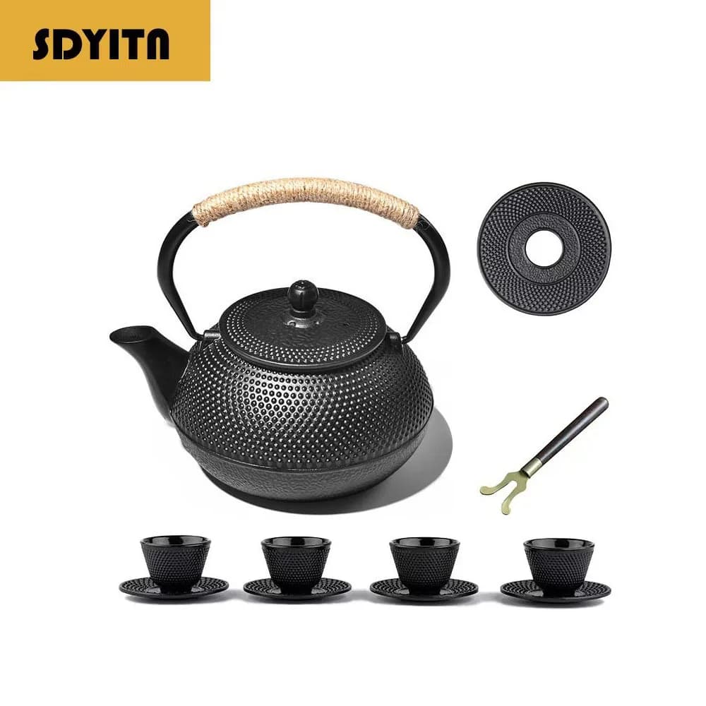 Set of Japanese style cast iron camping teapot with coal stove and electric hot water heater