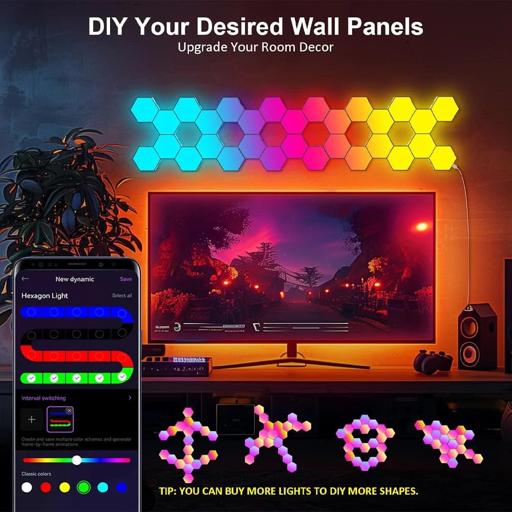 USB RGB LED Hexagon Light Smart Indoor Wall Light APP Remote Control Night Light Computer Game Room Decoration Bedroom Bedside