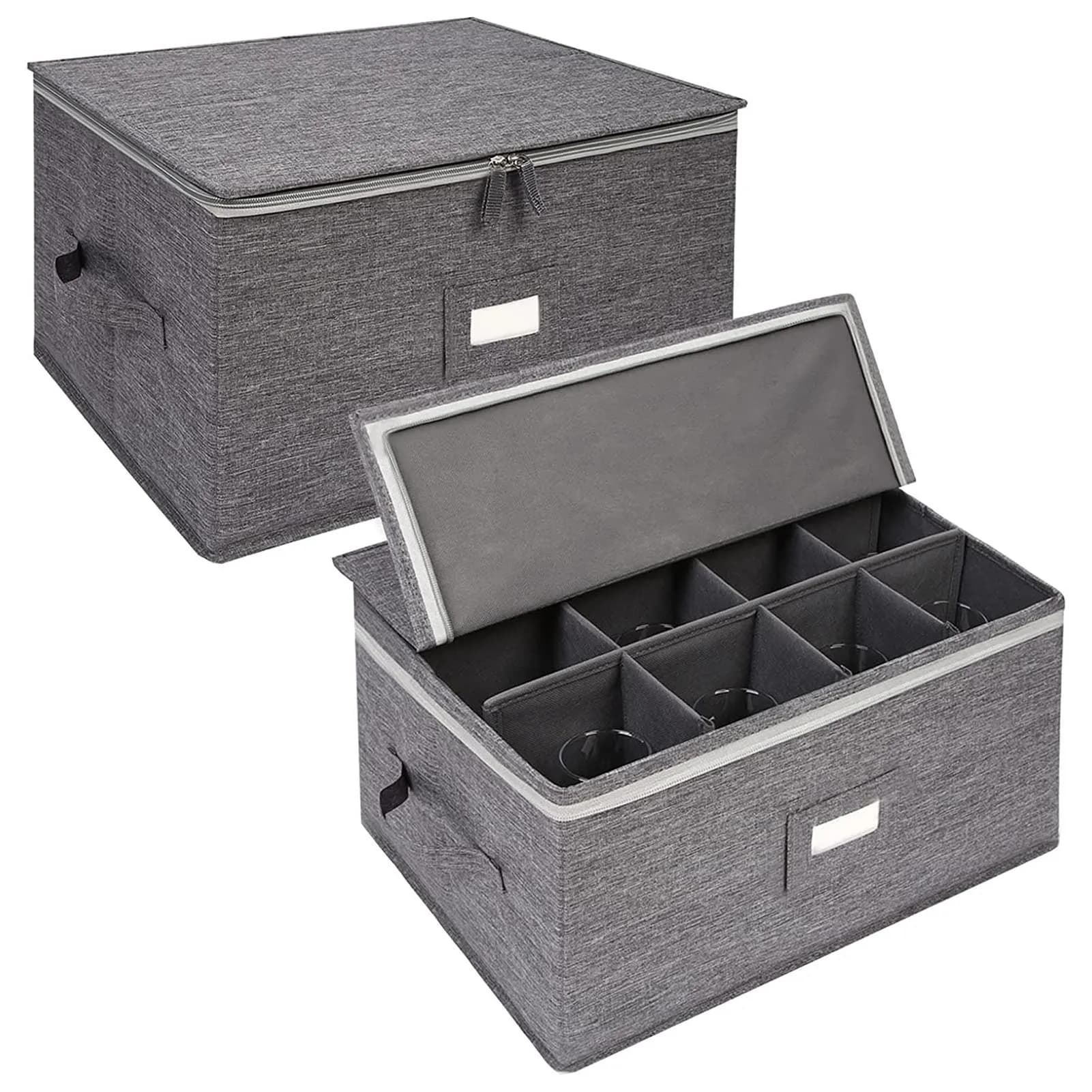 Contenitore per Calici da Vino con Divisori, Scatola Portabicchieri in Cristallo per 12 Calici, Pieghevole, Grigio