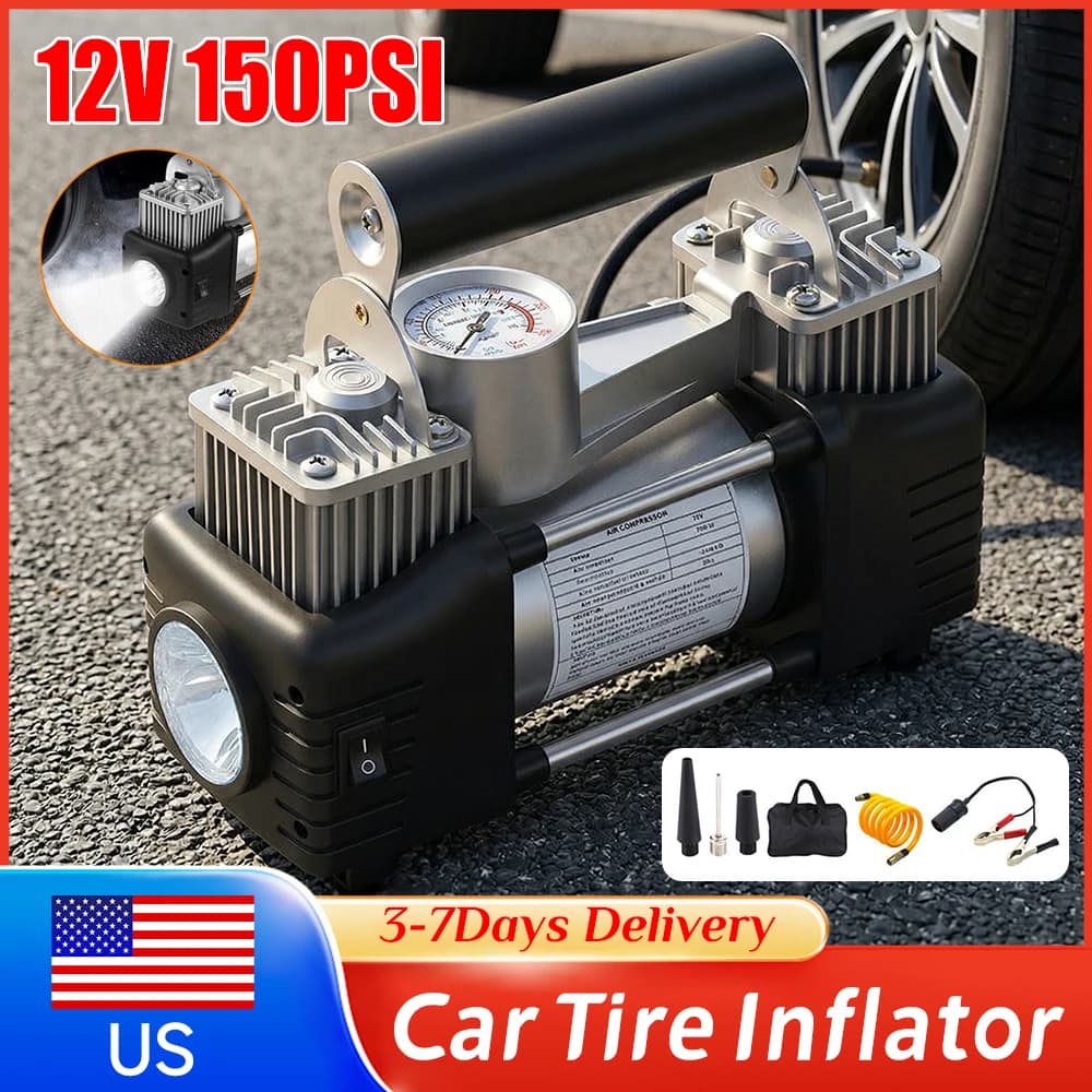 Compressore d'Aria 12V a Doppio Cilindro 150PSI, Gonfiatore per Pneumatici Auto e Camion, Pompa di Gonfiaggio Portatile per Auto, Nuovo