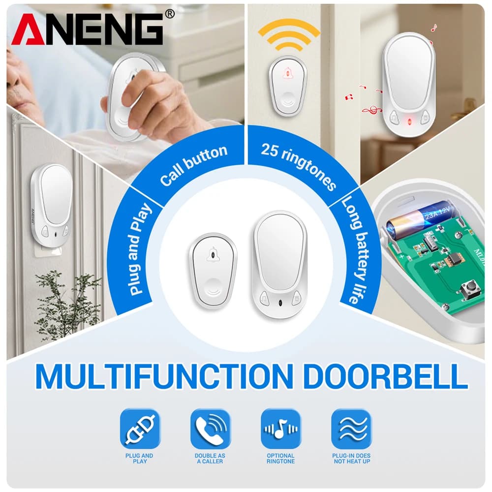 Campanello Wireless Intelligente ANENG con Telecomando, Presa USA, Ricezione ad Alto Volume, 4 Livelli di Volume Regolabili, Allarme di Sicurezza
