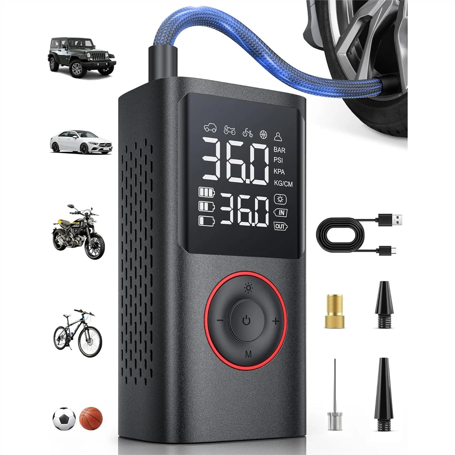 Compressore d'Aria Portatile per Gonfiaggio Pneumatici 150 PSI, Pompa Senza Fili con Manometro e Luce LED per Auto, Moto, Biciclette e Palloni