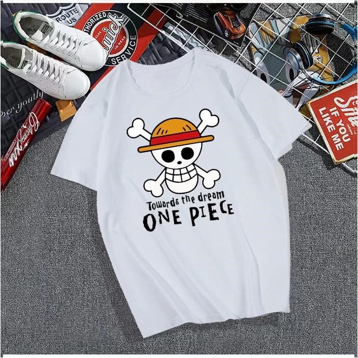 T-shirt da uomo One Piece Straw Hat Pirates Jolly Roger con slogan "Towards The Dream", maglietta grafica anime, top casual streetwear