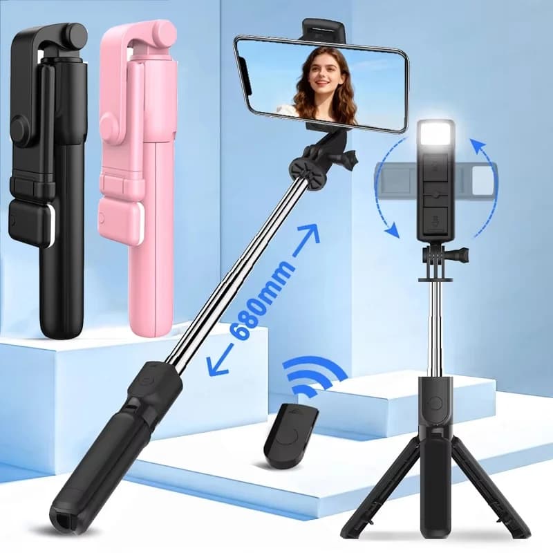 Treppiede per selfie con telecomando Bluetooth, supporto per telefono con luce LED di bellezza per live streaming