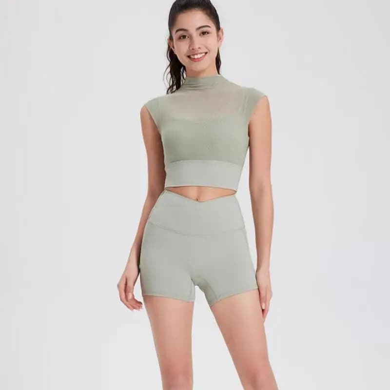 Summer and Autumn Fitness Sexy Mesh Yoga Flying Sleeve Running Speed Drying Exercise with Chest Mat Bra