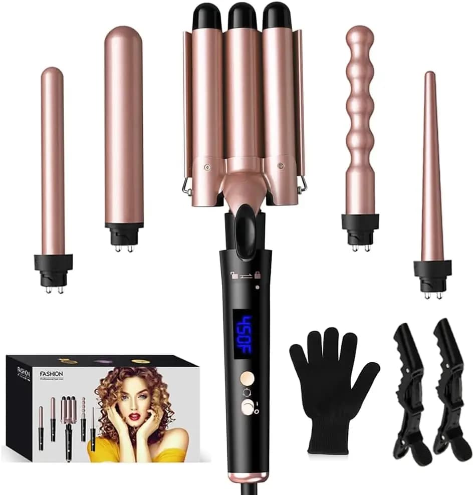 5 in 1 Curling Iron Set with 4 Interchangeable Barrels, 3-Barrel Hair Crimper, Adjustable Temp, Glove & Clips