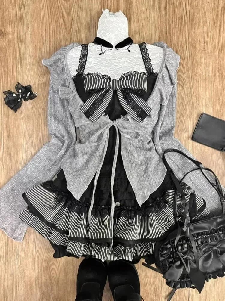 Sweet Lolita Vintage Women's Dresses Cardigan with Volant + Vest Sexy corset Y2k + Miniskirt Set of elegant autumn Korean dresses in 3 pieces