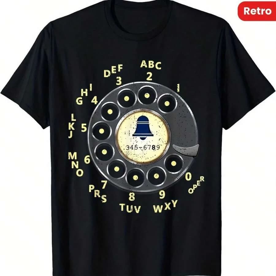 180GSM Pure Cotton Printed T-Shirt With Vintage Rotary Dial Telephone Graphic Knitted Craft Soft Breathable Durable Retro Perso