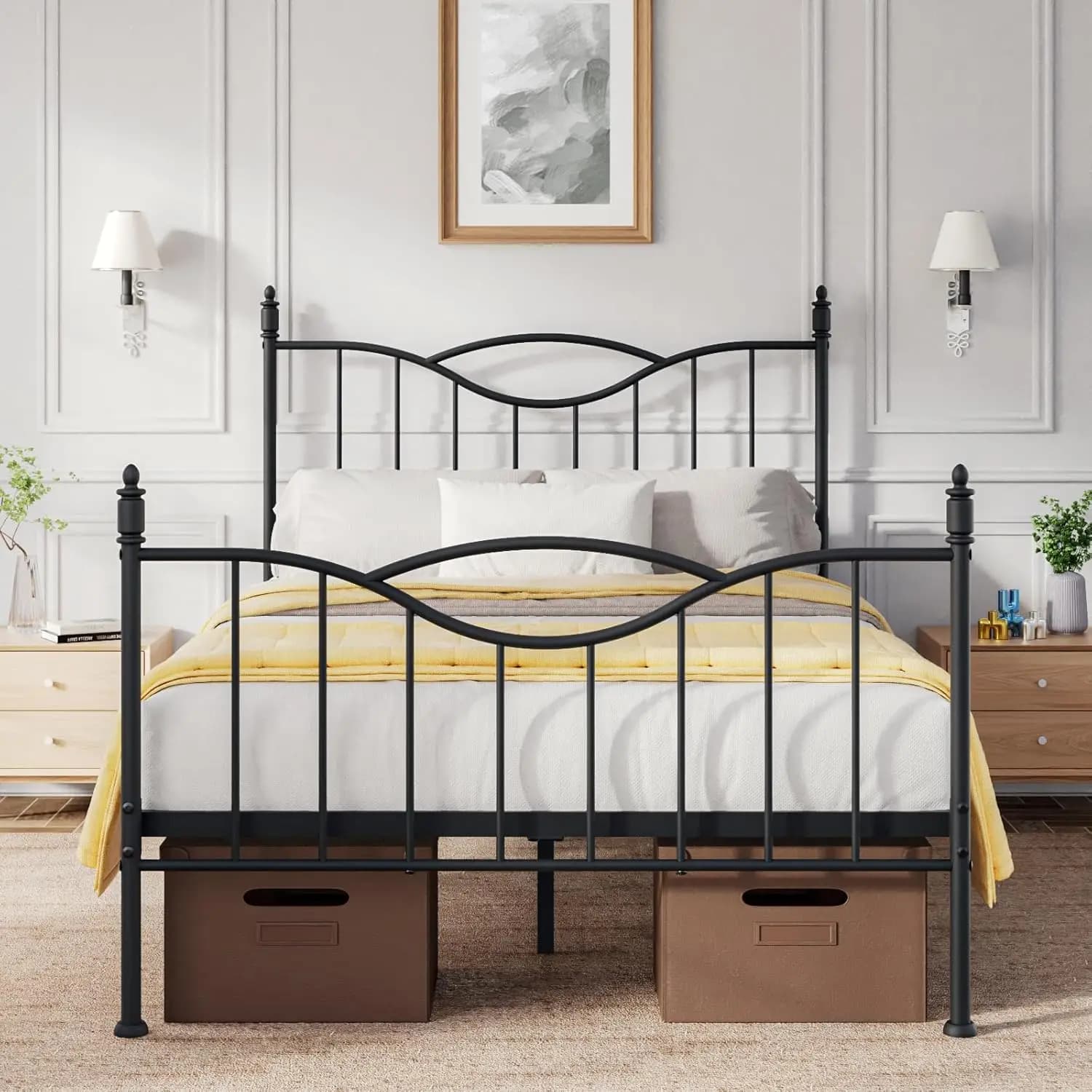 Struttura letto con testiera, base letto alta in metallo con pediera, personalizzabile