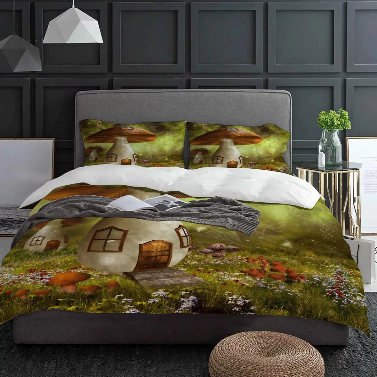 Fungo Cartoon Spaventoso Prato Foresta Notte Pianta Set di biancheria da letto 3 pezzi Copripiumino Federa Copripiumino Set letto matrimoniale Tessili per la casa