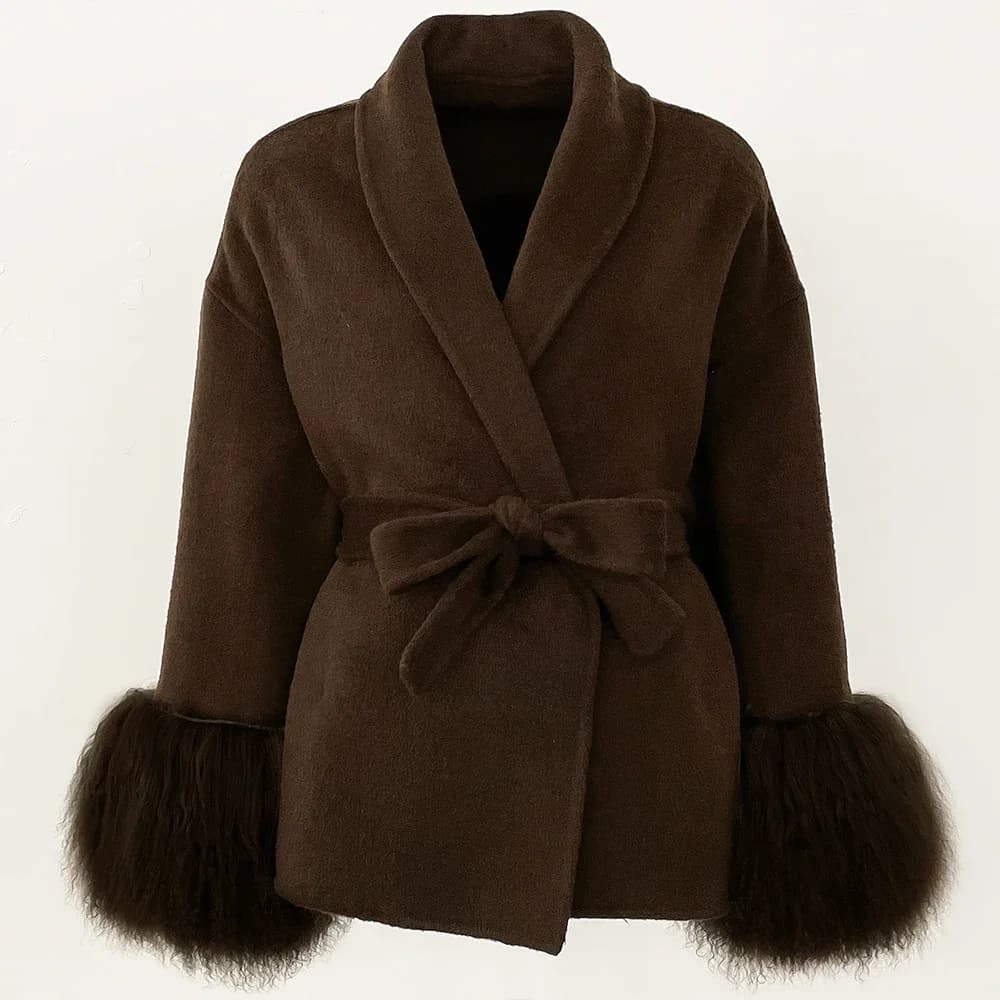 2025 Coat Wool Coat Fox Fur Coat Wool Coat patchwork Beautiful Mongolian Fur Jacket Women's Wool Autumn Winter Women's Cold Coat