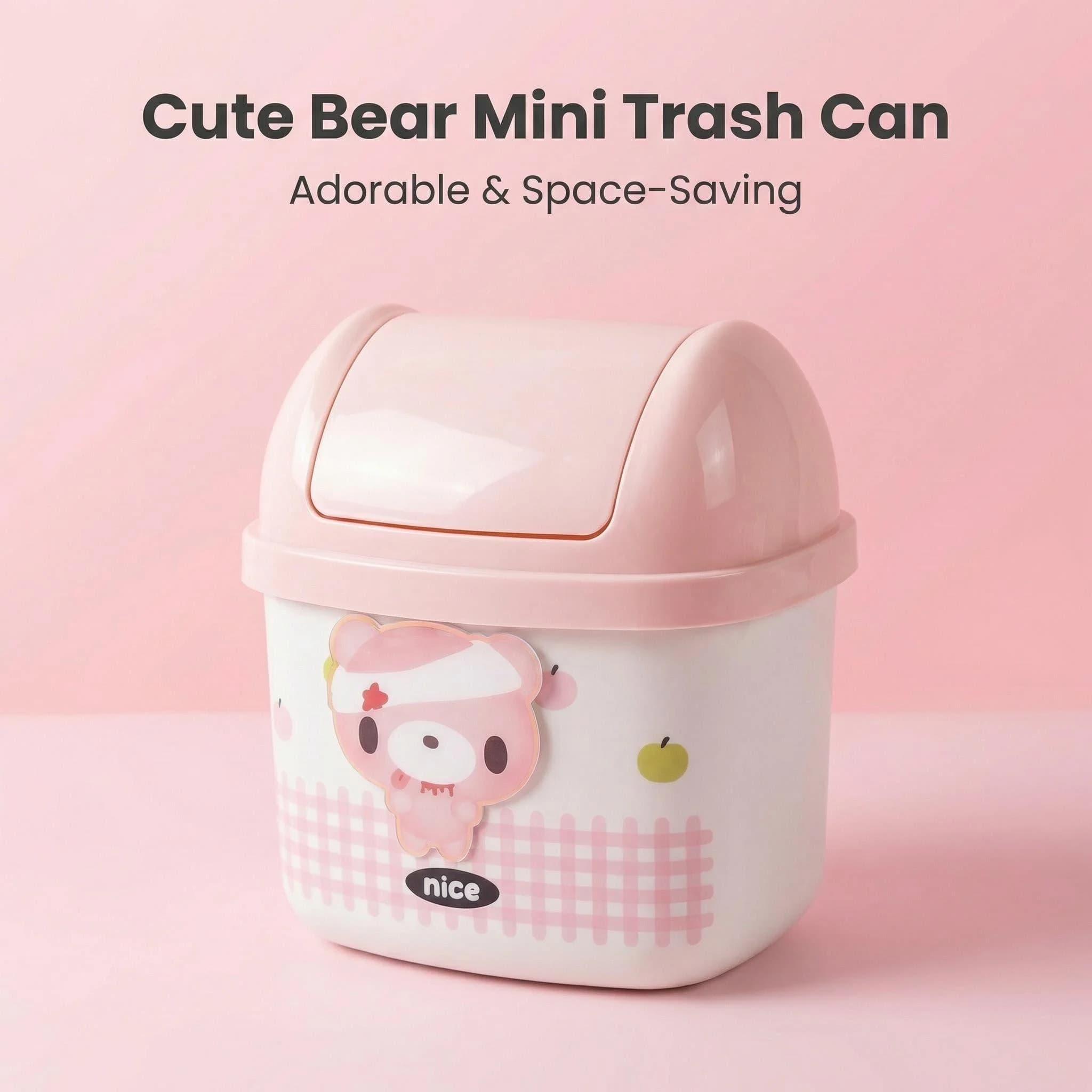 Cestino da scrivania a forma di orsetto rosa con coperchio a ribalta, mini contenitore per rifiuti Kawaii per ufficio, camera da letto, auto, piccolo contenitore portatile per rifiuti