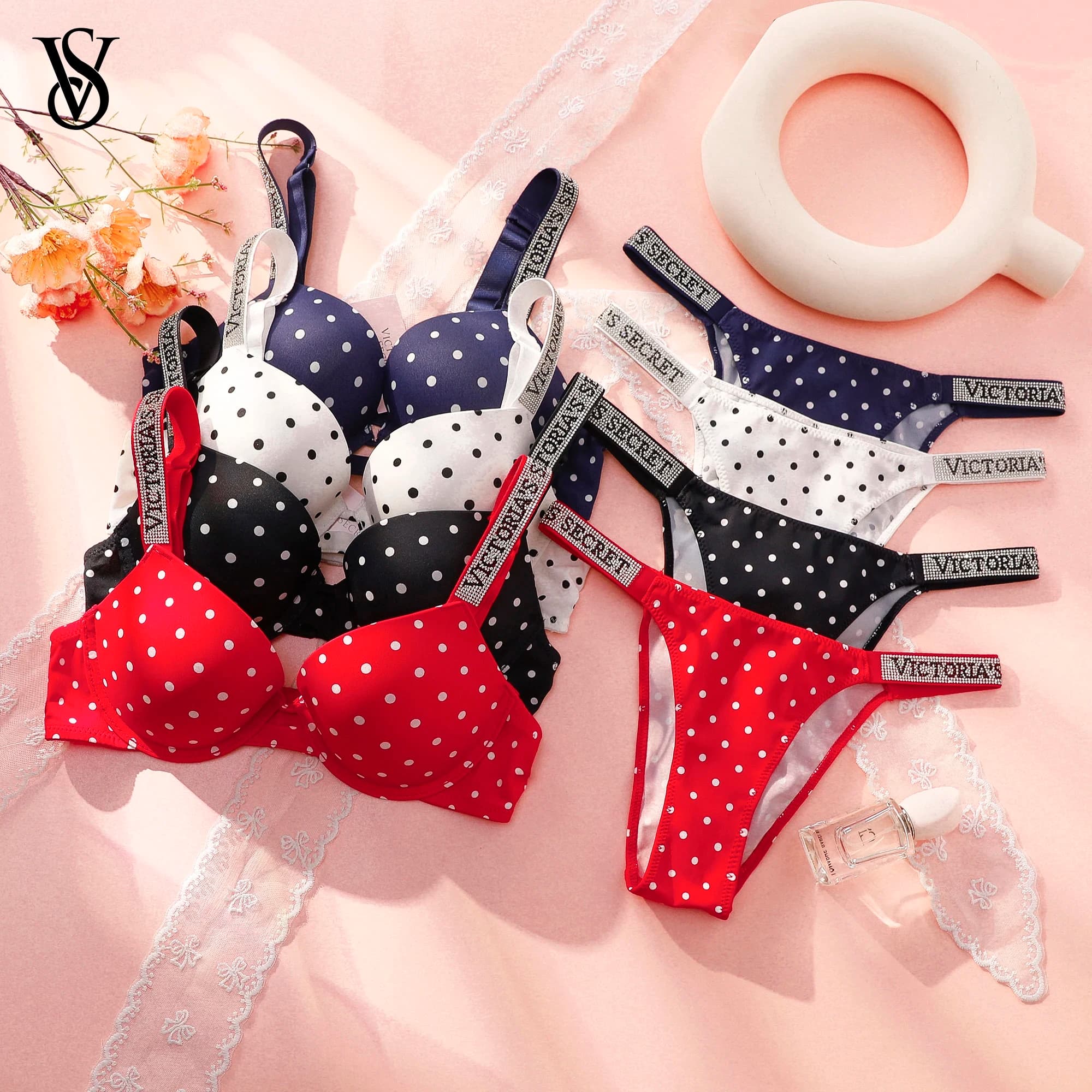 VS Bra And Panty Set Sexy Lingerie Sleepwear Pajamas Plus Size Soft Comfortable Luxury New Arrival Women Polka Dot Lace Push Up