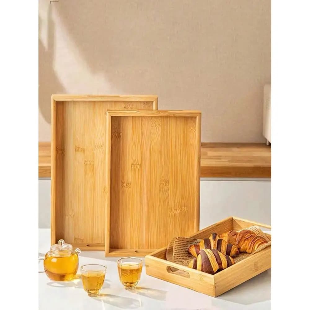 1pc Bamboo Wooden Serving Tray, Breakfast Tray With Handles Bed Tray For Breakfast Dinner, Eating Trays For Living Room,Kitchen,Christmas Gift