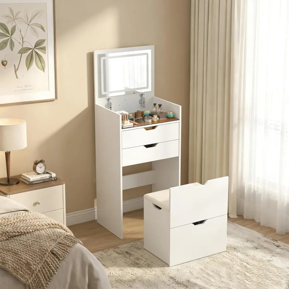 Toeletta 3-in-1 con Specchio e Luci, Tavolo da Trucco Moderno Compatto con 3 Cassetti, Piccola Scrivania per il Trucco, Personalizzabile
