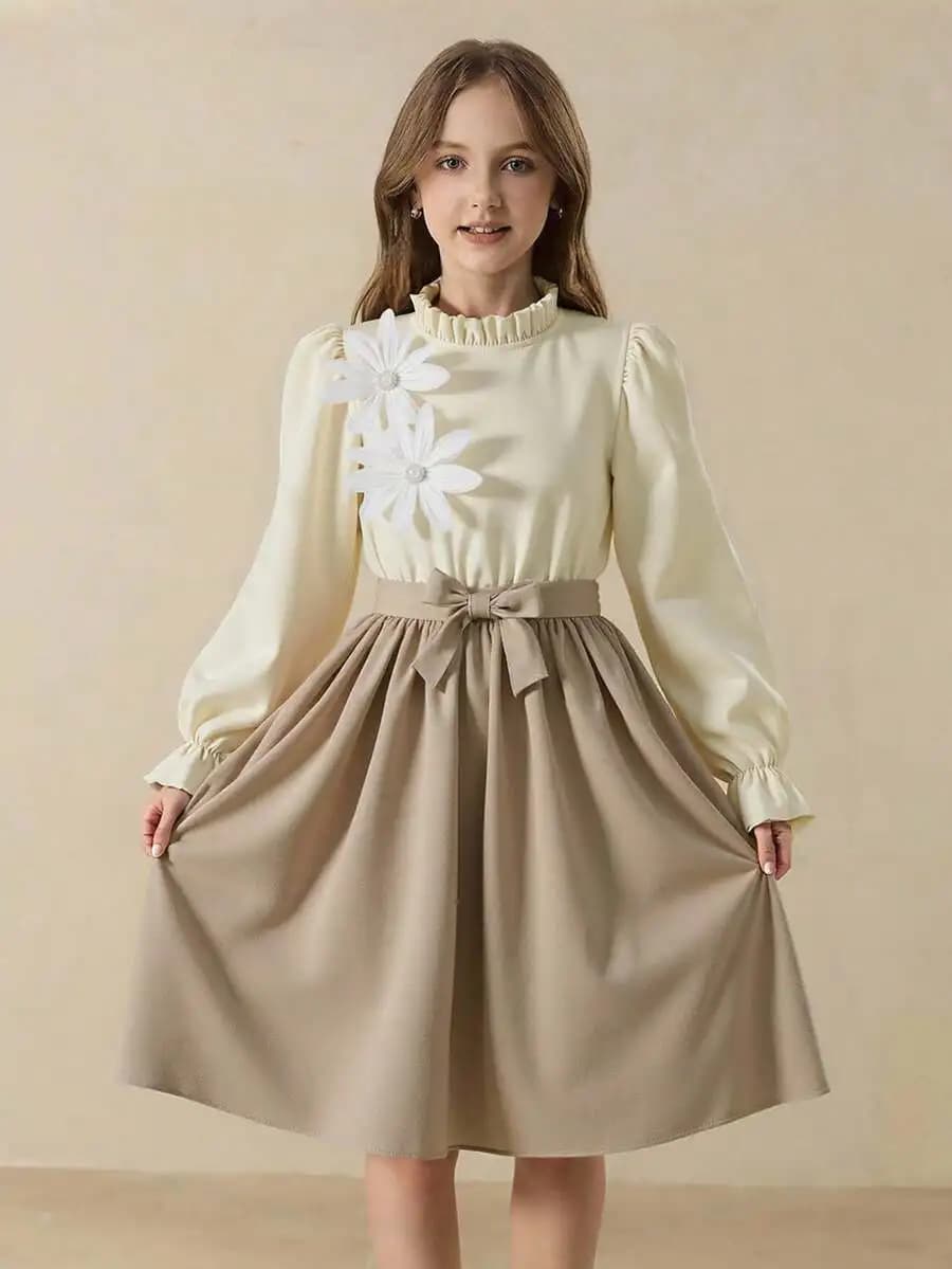 Elegant Minimalist Mandarin Collar Long Sleeve Floral Top With High Waist Midi Skirt And Belt