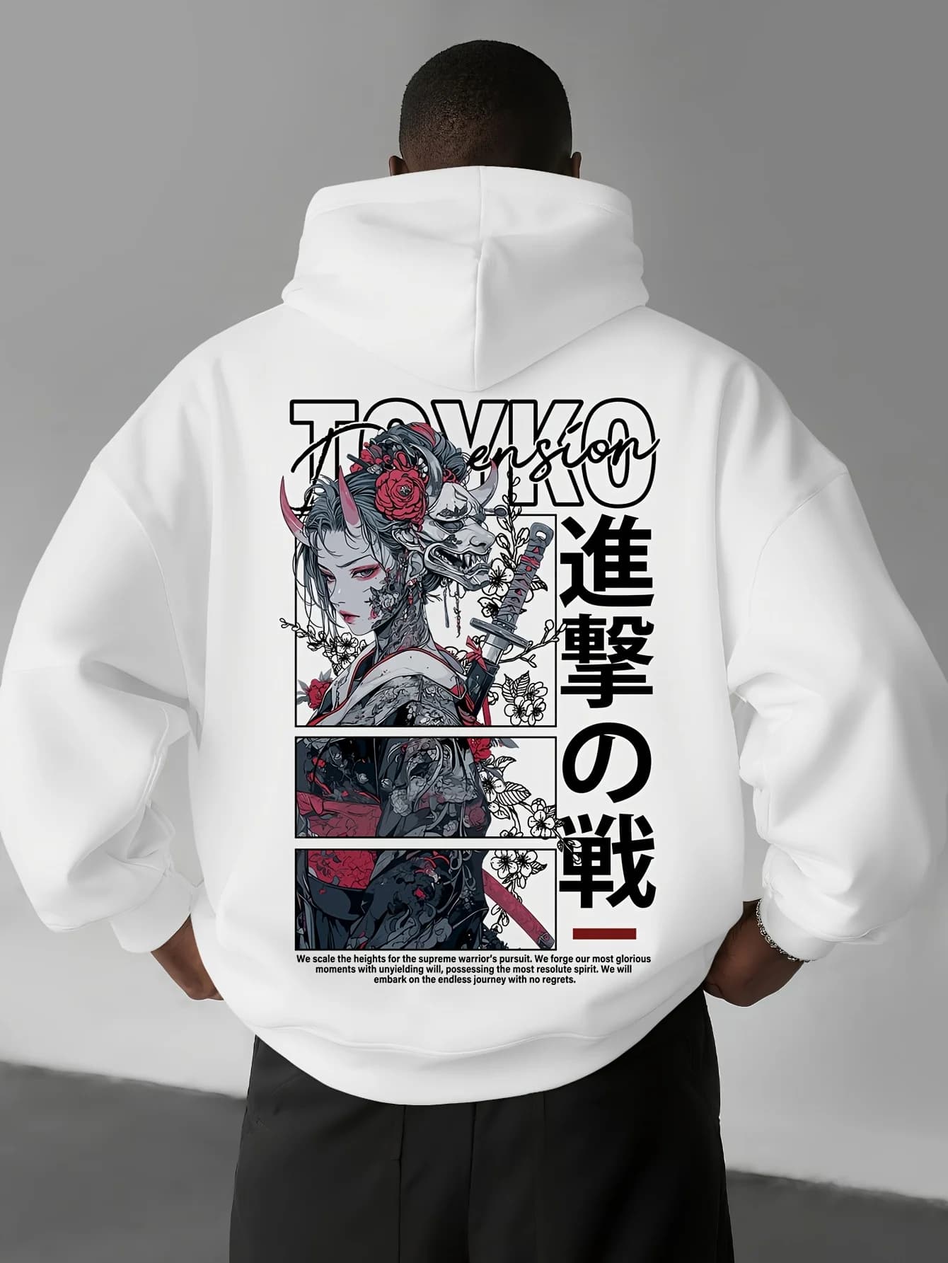 Japanese Anime Samurai Tokyo Letter Print Men Women Hooded Sweatshirt Autumn Winter Daily Vacation Fitness Loose Warm Sportswear