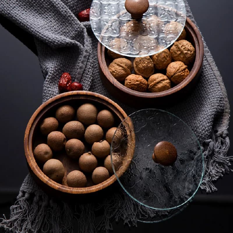 Piatto di frutta in vetro di noce in stile giapponese, scatola di immagazzinaggio creativa per la casa, snack, piatto di noci, contenitore per alimenti, cucina
