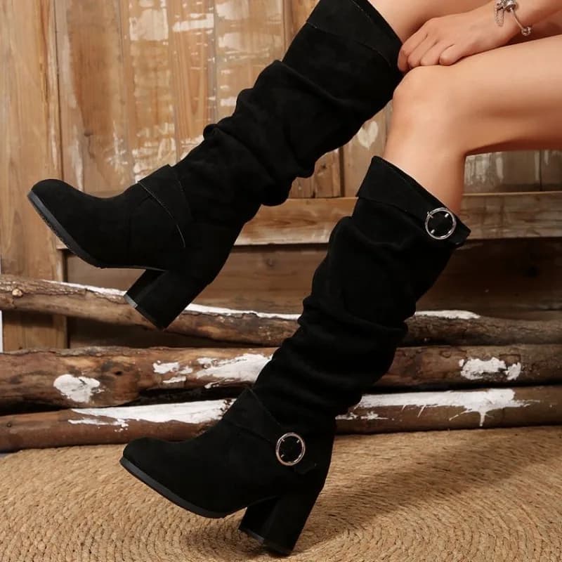 Stivali da equitazione al ginocchio da donna Stivali stile occidentale con cinturino con fibbia Stivali primaverili autunnali in tessuto di moda di grandi dimensioni