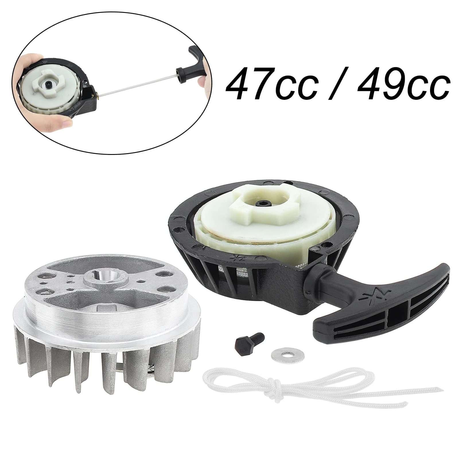 Pull Recoil Starter Assembly for 2 Times 47cc 49cc Motor Pocket Dirt Bike / Mini ATV Quad / Wheeler with Flywheel, Pull Rope