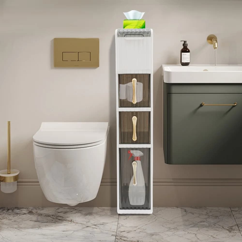 Mobiletto da bagno a 4 livelli con ruota Porta carta igienica indipendente con maniglie Mobiletto sottile da pavimento per bagno