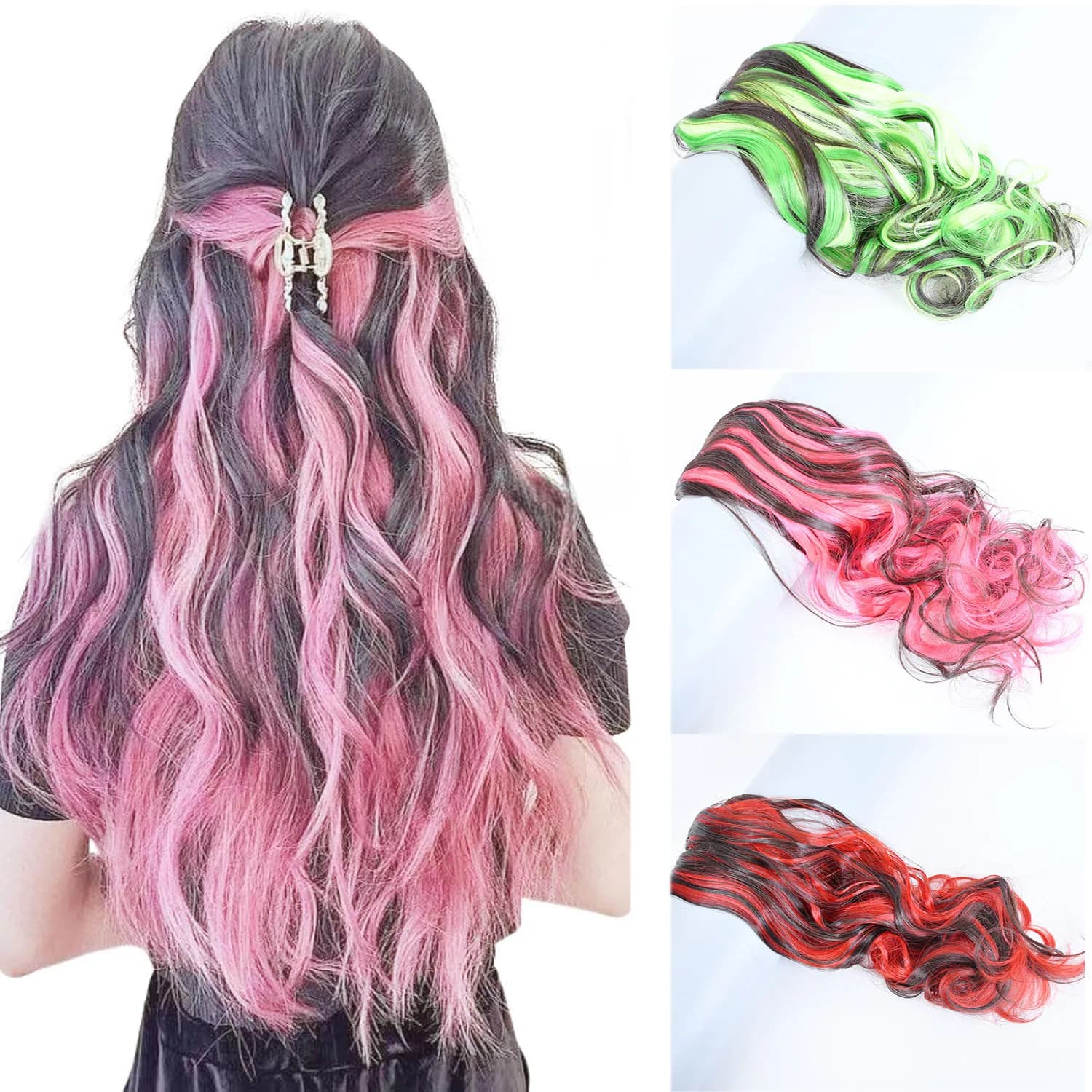 Jeedou Highlighted Hairpiece Clip-in Hair Extension 5-Clip One Piece Long Wavy Synthetic Hair Red Piano Color for Women Ladies