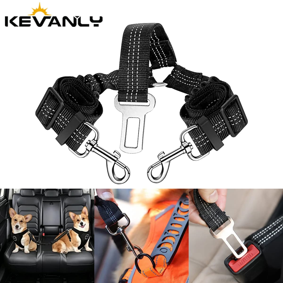 Adjustable Elastic Car Harness Seat Belt with Shock Double Dog Safety Seat Belt Reflective Dog Car Restraint for Pet Safety Belt