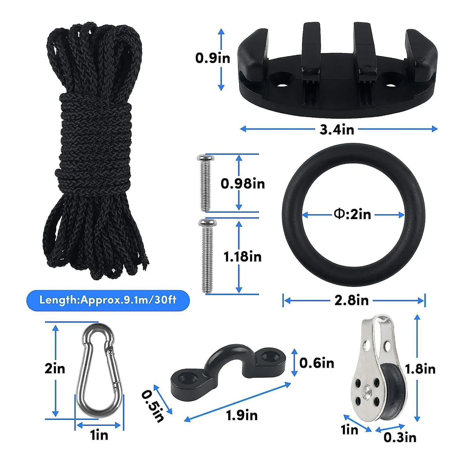 31Pcs Marine Kayak Canoe Anchor Trolley Kit Hardware Rigging Ring Pulley Rigging O Ring 30ft Rope for Fishing Boat Rubber Dinghy