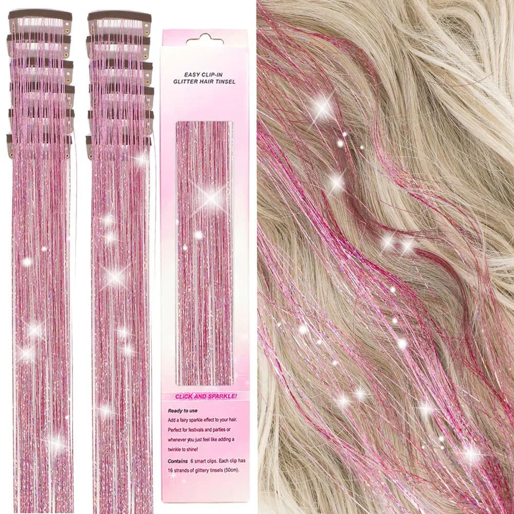 12 pezzi di extension per capelli con clip in tinsel glitterato da 19,7 pollici, accessori per capelli sintetici con clip scintillanti per bambini, ragazze e donne