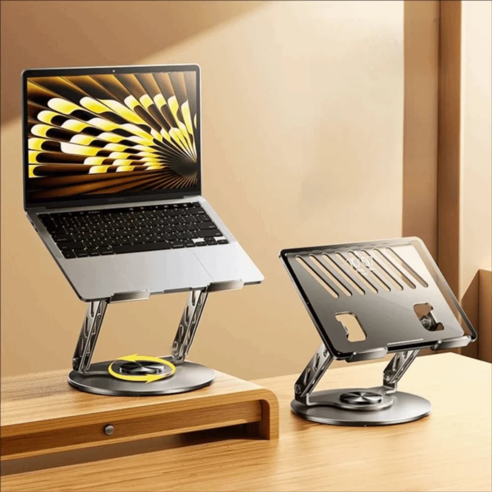 Altezza regolabile 360 ° Supporto per tablet girevole Supporto per laptop pieghevole antiscivolo in acciaio al carbonio Base ventilata Argento