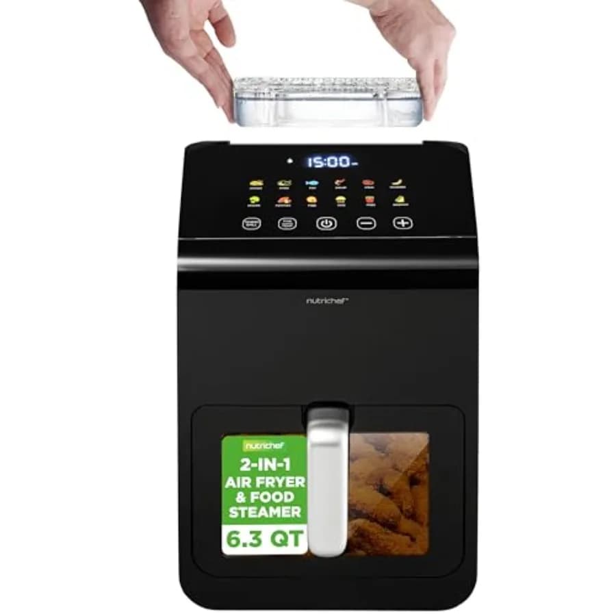 Friggitrice ad Aria Elettrica 6.3 Litri con 12 Funzioni di Cottura Preimpostate, Funzione Ammorbidimento, Display Digitale e Coperchio Trasparente