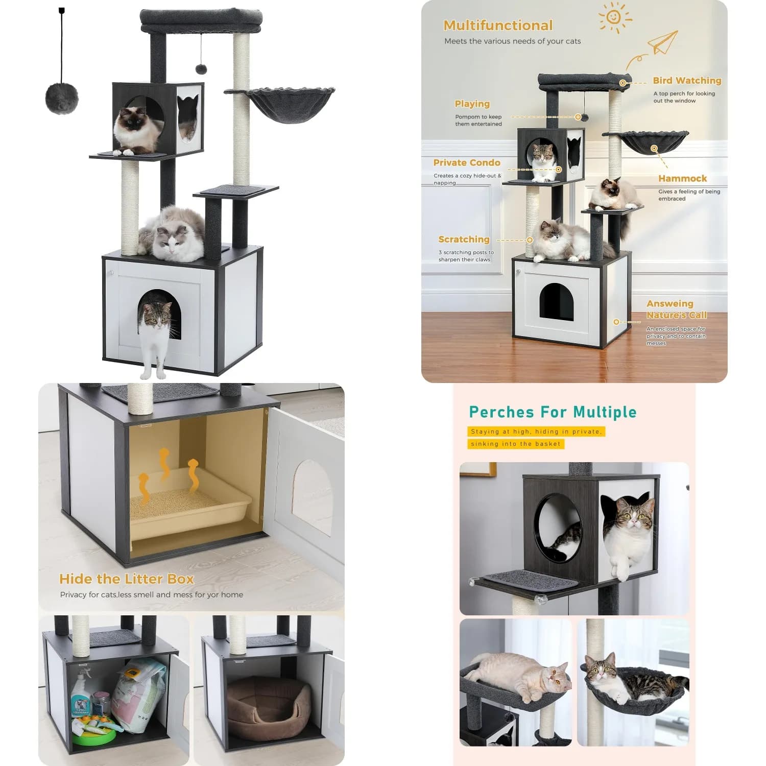 Albero per Gatti da 144 cm con Box Lettiera Integrato, Grande Torre per Gatti in Legno per Interni con Armadietto Contenitore e Cuccia Accogliente, Personalizzabile