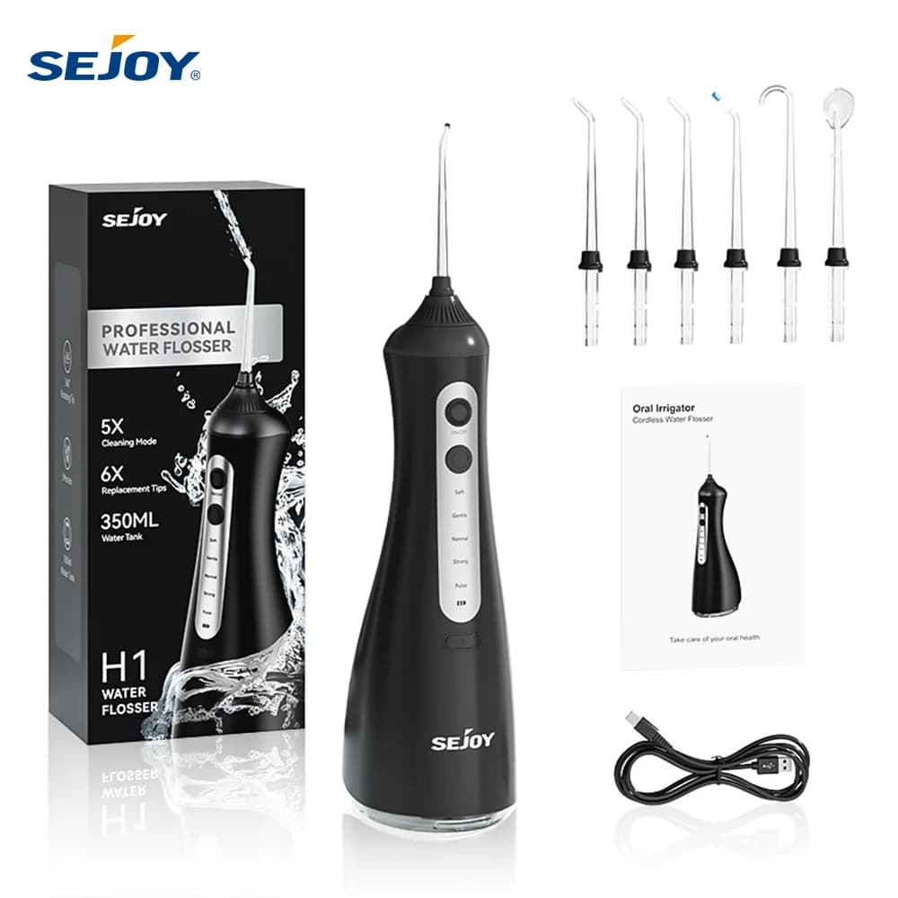 Sejoy Irrigatore orale elettrico Acqua Flosser dentale Pick per denti Serbatoio acqua senza fili da 350 ml, 6 modalità di pulizia, IPX7 per la casa