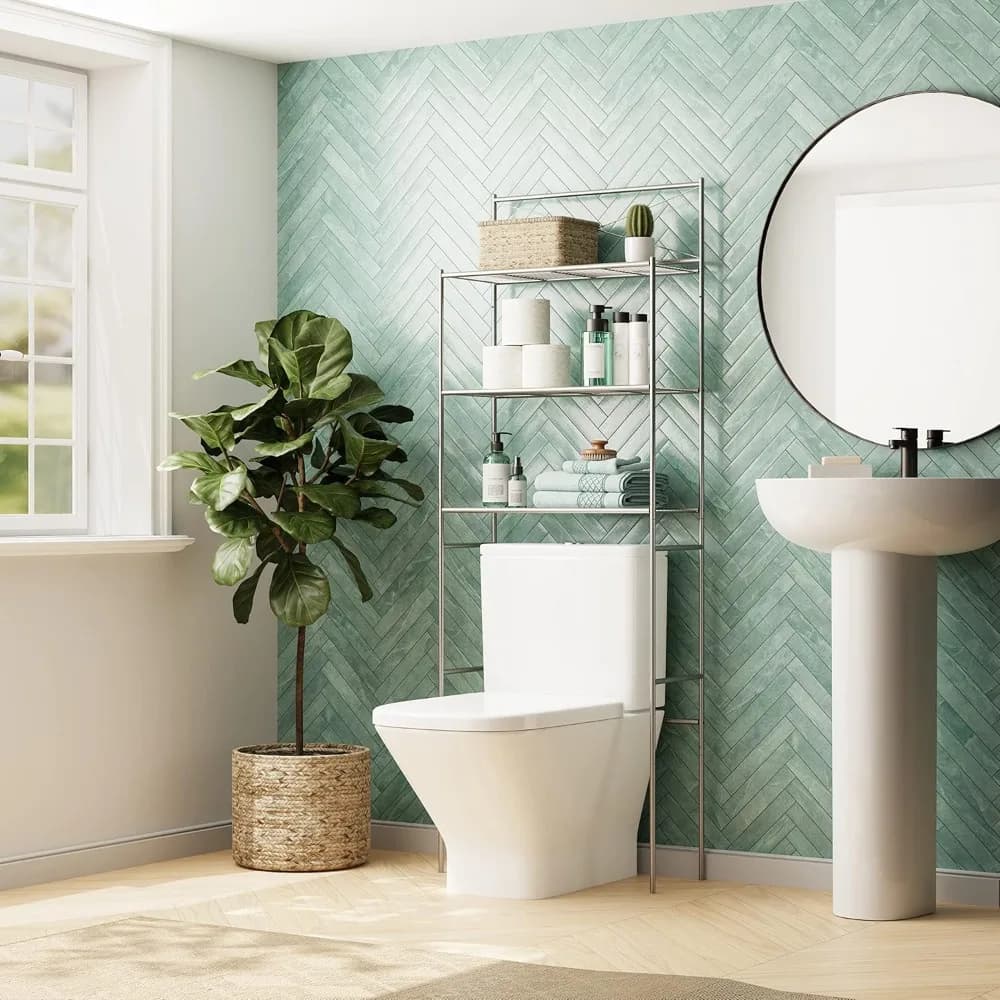 Storage racks above the toilet, 3 level metal bathroom organizer space with satin nickel finish for small houses