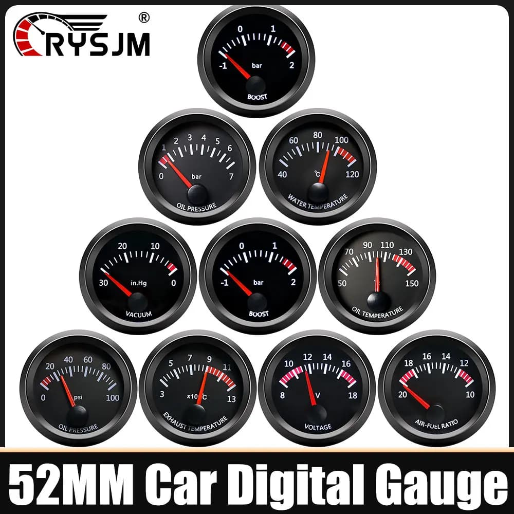 52MM Racing Car Indicator Gauge Water / Oil Temperature Voltmeter Oil Press Meter BAR PSI EGT Vacuum Boost Air Fuel Ratio Gauge