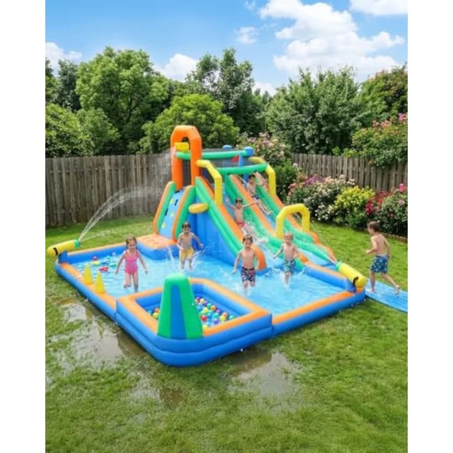 Inflatable Bounce House for Backyard Use, PVC Material, Blue and Red, Double Slides + Swimming Pool + Climbing Wall + Ring Toss